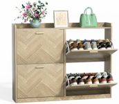 Anmytek 47" Large Shoe Storage Cabinet with 4 Flip Drawers, Freestanding Hidden Shoe Storage Cabinet with Adjustable Shelf, Narrow Shoe Cabinet for Entryway, Hallway, Herringbone Oak