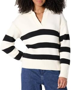 Amazon Essentials Women's Regular-Fit Midweight Cotton Polo Pullover Sweater, Long Sleeve, V Neck, Collared, Eggshell White Black Big Stripe, X-Small