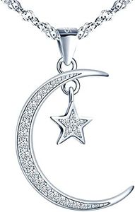 MicVivien Collier Femme en Argent 925/1000, Pendentif Étoile Lune avec Oxyde de Zirconium Collier Bijoux pour Femme Fille Maman