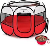 SereneLife On-The-Go Foldable Portable Pet Tent 8-Panel Playpen for Dog & Cat w/Food/Water Bowl, Mesh Exercise Puppy Playground, Pet House Indoor & Outdoor, Travel & Camping Pet Kennel (Red - Small)