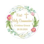 50 Dove First Holy Communion Stickers Personalised Girls Boys 1st Holy Communion Favour Labels Golden Cross Christening Baptism Thank You Party Bag Seals - Rd 754 (05 Floral Wreath)