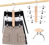 VANZAVANZU Pants Hangers with Clips, Space-Saving 4-Tier Skirt Hangers, 360° Swivel Pant Hangers with Movable Clips, Stainless Steel & Wood Clothes Hangers, for Dorm Rooms & Apartments, 2-Pack