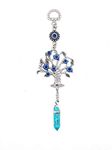 LUCKBOOSTIUM – Silver Tree of Life Amulet Inlaid with Blue Evil Eyes, Adorned with a Green Turquoise Gemstone, Hanging Charm for, Growth, Strength, Protection, décor Car, Home, Great Gift, 2.2” x 7”