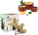 Monkey Business El Corko Bottle Stopper & Bowlero Dipping Bowls Set: Sombrero-shaped Wine Stopper with 3 Dipping Bowls and 2 Spoons. Perfect for Serving Nachos, Guacamole, and Mexican Dips