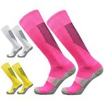 Skystuff 3 Pairs Sport Socks for Boys Girls, Cushioned Non-Slip Football Socks High Knee Breathable Kids Socks for Football Basketball Baseball Hiking Trekking (Yellow, White, Pink)