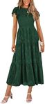 PRETTYGARDEN Women's Floral Midi Dresses 2025 Summer Cap Sleeve Smocked Ruffle A Line Long Flowy Wedding Guest Dress (Dark Green,Large)