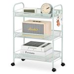 TOOLF Metal Rolling Cart, 3-Tier Mesh Wire Easy Assemble Utility Cart, Storage Trolley on Wheels with 3 Hooks, Storage Shelving Units for Kitchen Bathroom Laundry Room