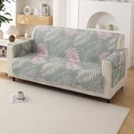 HOKIPO Polyester 2 Seater Quilted Sofa Cover with Pockets, Tropical Leaves Pastel Green (IN-739-D1)