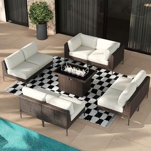Vakollia 9 Pieces Outdoor Patio Furniture Set, Outdoor Modular Sectional Sofa Rattan Wicker Conversation Sets with Fire Pit Table and 6-inch Thick Cushions