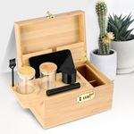 WildFun Bamboo Storage Box with Combination Lock, Decorative Box Set with Removable Tray and Glass Storage Jars, Wooden Storage Box with Brush Grinder and All Accessories