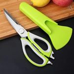 SILENCIO Multifunctional Kitchen Scissors Stainless Steel Shears Heavy Duty 10 In 1 Household Scissors With Magnetic Holder For Chicken, Fish, Seafood, Cutter, Peeler, Opener, Slicer (Pack Of 1)