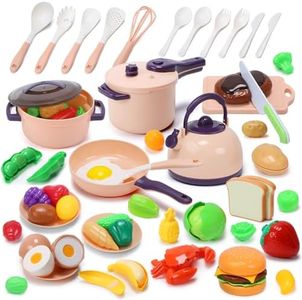 CUTE STONE 51-Piece Mini Play Kitchen Accessories for Kids, Pretend Cooking Playset with Pots, Pans, Utensils, Cutting Fun Fruits & Veggies, Learning Gift for Toddlers, Girls & Boys