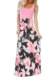 Bluetime Womens Summer Scoop Neck Sleeveless Tank Top Floral Print Maxi Dress (Pink, XL)