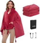 Cordless Heated Blanket Throw Battery Operated, Portable Electric Heated Poncho Shawl with Zipper and Pockets, 4 Heating Areas & 3 Heating Modes,Heating Blanket for neck and Shoulders and Back,Red