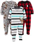 Simple Joys by Carter's Baby Boys' 3-Pack Loose Fit Flame Resistant Fleece Footed Pajamas Toddler Sleepers, Buffalo Check/Polar Bear/Stripes, 24 Months (Pack of 3)