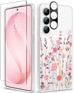 GVIEWIN for Samsung Galaxy S26 Plus Case Compatible with MagSafe, Clear Floral Shockproof Protective Women Phone Case, Non-Yellowing, Screen&Camera Lens Protector for S26 Plus 6.7",Floratopia/Orange