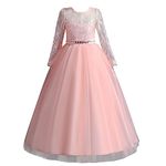 M MUNCASO Lace Long Sleeve Princess Dress,Flower Girls Lace Dresses,First Communion Pageant Dresses,Girls Dresses Flower Girl Dress for Christmas Party,Birthday Party,Carnival (Pink, 9-10 Years)