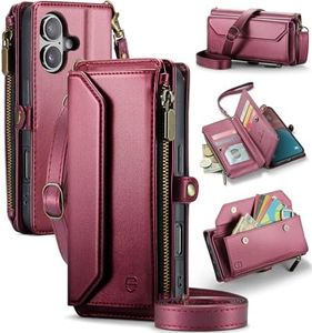 Strapurs Wallet Case Compatible with iPhone 16 6.1" RFID Blocking 7-Card Holder Soft PU Leather Magnetic Snap Shoulder Strap Zipper Pocket Phone Case Fit for iPhone 16 for Women - WineRed