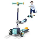 Joyano Foldable Kick Scooter for 2-14 yrs, 2-in-1 with Removable Seat, Bell, 3 Adjustable Heights, Flashing Wheels and Wide Deck, Max Load 110lbs, Indoor/Outdoor Gift for Boy/Girl(Blue)