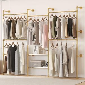 DABILONGC Industrial Pipe Clothes Rack,Wall Mounted Closet Wardrobe Rack, Corner L Shaped Walk-in Closet System, 2 Installation Methods (Gold, 80" H x 86" W x 11.8" D)