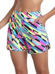 RELLECIGA Women's Neon Striped High Waisted Swim Shorts with Pockets UV Sun Protection Board Shorts for Women Size X-Large