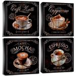 Coffee Wall Art Kitchen Decor Vintage Coffee Bar Wall Decor Black Brown Coffee Theme Dining Room Canvas Pictures Cafe Bean Cup Painting Artwork Restaurant Table Shop Family Home Decoration 12x12" 4Pcs