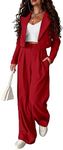 PRETTYGARDEN Women's Business Casual Outfits 2 Piece Long Sleeve Crop Blazer Jacket Wide Leg Pants Set (Red,Medium)