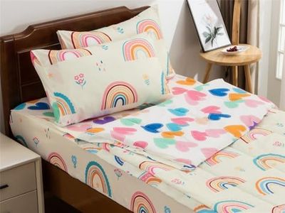 NTBED Rainbow Printed Zipper Bedding Sets Twin Lightweight Microfiber Heart Comforter Sets with Fitted Sheet Pillow Covers,Beige