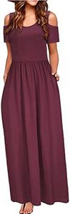STYLEWORD Womens 2025 Dark Red Cold Shoulder Short Sleeve Summer Casual Maxi Long Dress with Pocket(Dark Red,S)
