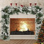 Christmas Garlands for Fireplaces, 2.7M Thick Snow Flocked Garlands Decorated Artificial Wealth Galand with Pine Cones and Berries for Xmas Tree Wedding Party Stairs Fireplaces Yard Décor