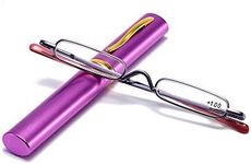 SOOLALA Skinny Cute Reading Glasses Super Slim Compact Reader w/Pen Clip Tube Case, Purple, +3.0