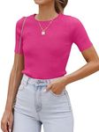 ZESICA Women's Short Sleeve Crewneck T Shirt 2024 Summer Ribbed Knit Slim Fit Basic Solid Color Tee Tops,Rose,XSmall