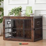 Gardner Pet Dog Crate Furniture for Medium/Large Dogs, 38.8 Inch Dogs Kennel Indoor, Wooden Dog Crate End Table with 360°Rotating & Adjustable Height Feeder 2 Bowls, Heavy Duty Dog Crate, Rustic Brown