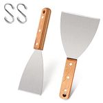 Leonyo Grill Griddle Scraper Set of 2, Stainless Steel Metal Grill Scraper Tool for Flat Top Teppanyaki BBQ, Versatile Scraper for Dough Pancake Pizza Home Baking Cooking, Slant Edge & Wooden Handle