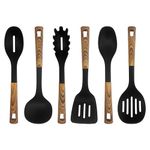 JS Gourmet 6 Pcs Kitchen Utensils Set, Heat Resistant, Non Scratch, Nylon Cooking Spoons Set for Nonstick Cookware, with Ergonomic Soft Touch Wooden Coated Handles