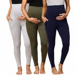 The Mom Store Maternity Leggings Combo of 3 | Comfort Stretch Pregnancy Leggings for Women | Over The Belly Design | Grey, Olive & Navy | L