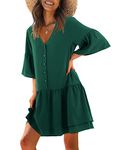 Amoretu Womens Summer V Neck 3/4 Bell Sleeve Swing Shift Dresses Casual Button up Dress, A: Dark Green, L