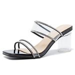 fereshte Women's Two Straps Clear Heels Slip On Square Toe Rhinestone Transparent Clear Block Heel Sandals, Black, 12