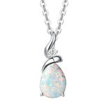 FANCIME 14K Solid White Gold Diamond Genuine Opal Pendant with Sterling Silver Chain for Mom Pear Shape Solitaire October Birthstone Necklaces Fine Jewellery Birthday Gifts for Women