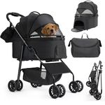 MAMIZO 3-in-1 Pet Stroller Dog Pram for Small Medium Dogs Cats up to 20kg, Foldable Pushchair with Detachable Carrier, 360° Swivel Wheels, Shoulder Bag, Large Storage Basket, One-Hand Fold, Black