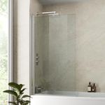 LUXURA® Chrome Over Bath Shower Screen Folding Door Easy Clean Glass Panels & Screens for Baths, Bathroom Frameless Square Design 1400 x 800mm, 6mm Toughened Safety Glass, 180° Pivot Hinged