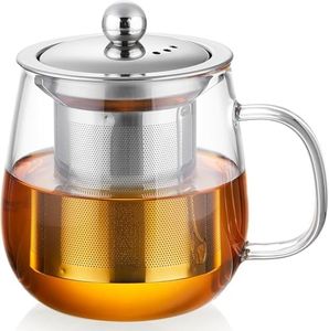 DOPUDO Glass Tea Cup with Infuser and Lid, 34oz/1000ml Large Borosilicate Teacup, Clear Mug for Loose Leaf Blooming Tea, Dishwasher Safe - Tea Maker Gift for Birthday