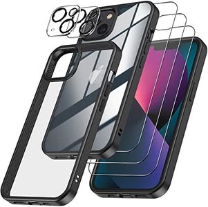 Emetok 6-en-1 Coque pour iPhone 13 et iPhone 14, 360 Degrés Protection,1 Coque Améliorée Anti-Jaune avec 3 Verre Trempé + 2 Caméra Protecteur pour iPhone 13 et iPhone 14, Noir
