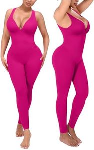 SHAPELLX Tummy Control Workout Jumpsuits for Women Comfy Yoga One Piece Outfits V Neck Sleeveless Full Bodysuit (Pink Small)