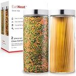 EatNeat Set of 2, Glass Food Storage Containers with Stainless Lids - Versatile Kitchen Canisters for Pasta, Spaghetti, Flour, Sugar - Durable Tall Glass Containers for Pantry Organization, 72oz Clear
