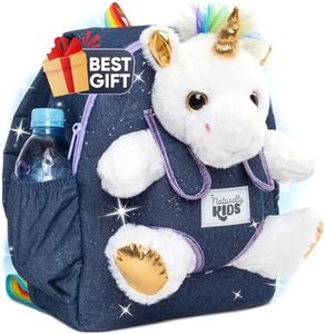 Naturally KIDS Unicorn Backpack - 5-7 Year Old Girl Gifts - Kids Backpack for Girls Boys w Stuffed Animal - Toys for 6 Year Old Girls - Medium Backpack w White Unicorn - w Pockets & Reflective Logo
