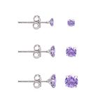 Purple Cubic Zirconia Studs Earrings Set, 3 Pairs Sterling Silver Earrings Studs 3MM 4MM 5MM