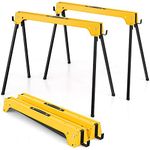 COSTWAY Folding Saw Horse Twin Pack, Heavy Duty Work Bench with Footpads and Convenient Handle, Fully Assembled Metal Trestle Stands Sawhorse for Sawing Work, Max Load 454kg (Yellow)