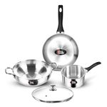 Milton Pro Cook Induction Cookware & Gas Stove Friendly Stainless Steel Sandwich Bottom 4 Pc Kitchen Set | Cooking Pan | Sauce Pan | Kadhai with Lid | Durable Cookware Set | 2 Year Warranty