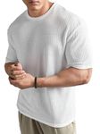 madfrog Men Solid Round Neck Polyester Blend Waffle Knit Down Shoulder Oversized T-Shirt for Men's White